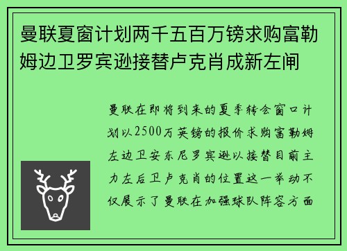 曼联夏窗计划两千五百万镑求购富勒姆边卫罗宾逊接替卢克肖成新左闸