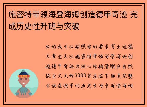 施密特带领海登海姆创造德甲奇迹 完成历史性升班与突破
