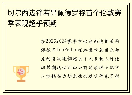 切尔西边锋若昂佩德罗称首个伦敦赛季表现超乎预期