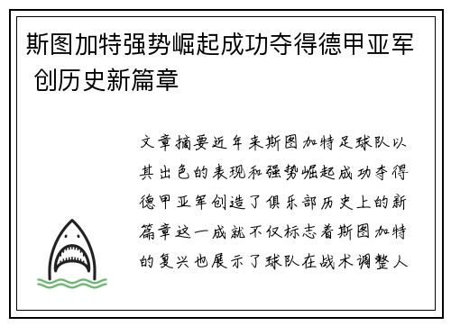 斯图加特强势崛起成功夺得德甲亚军 创历史新篇章 斯图加特强势崛起成功夺得德甲亚军 创历史新篇章